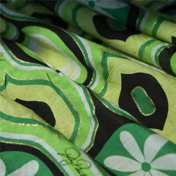 

Golden coated black and green floral&geometric printed silk blends cotton fabric,sewing for blouse,skirt,dress,craft by the yard