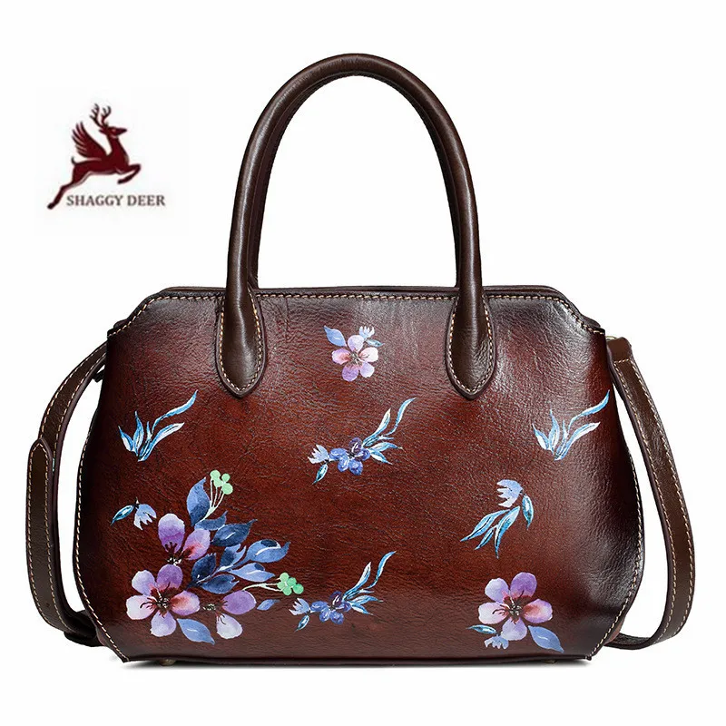 

Vintage Embossing floral lady Small Handbags Oil Waxed Business Formal Women shoulder Bags