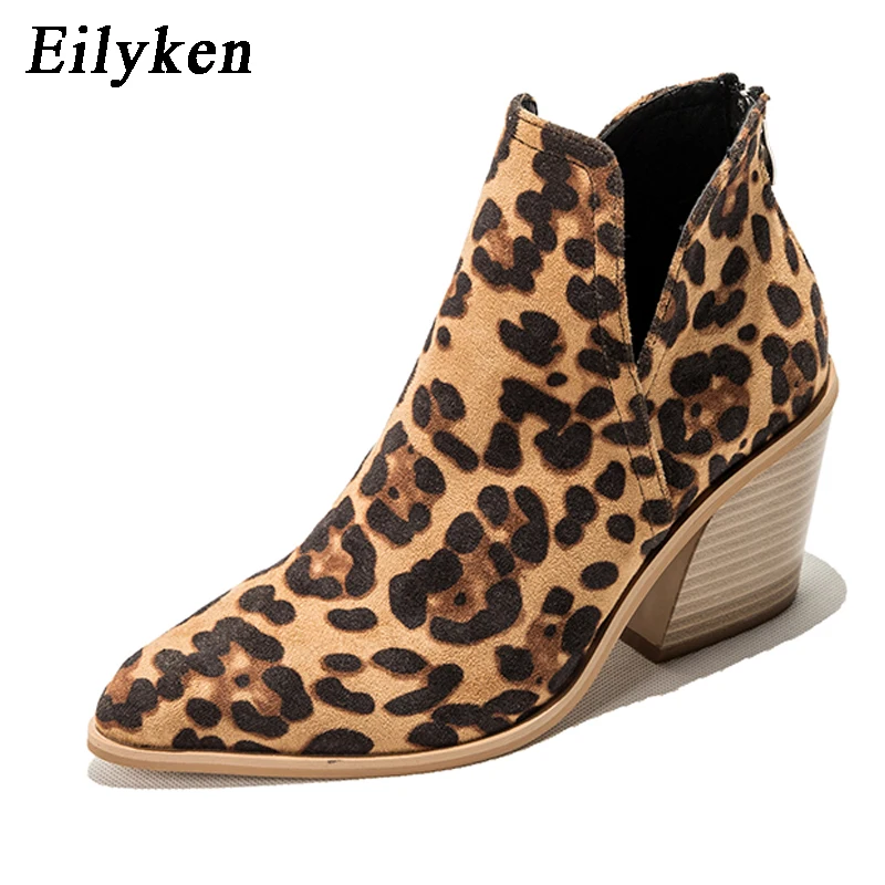 Leopard grain EilyKen/Повседневные ковбойские ботильоны в западном стиле; сезон осень-зима; женские ковбойские ботиночки из змеиной кожи; короткие ковбойские ботиночки; Botas; обувь на высоком каблуке - Цвет: Leopard grain