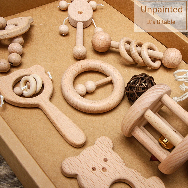 Juguetes de madera para bebé recién nacido, luna llena, 3 6 meses de edad, cascabel de mano, de regalo, molares, y sonajeros de bebé| - AliExpress