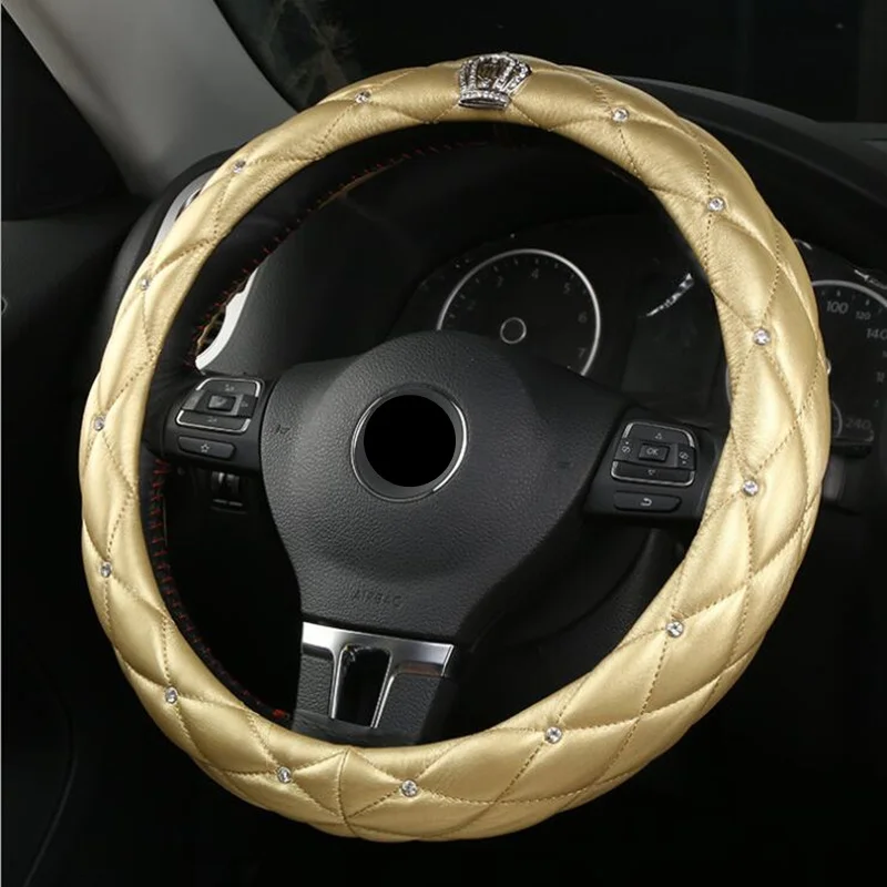 Leather Universal Car Steering-wheel Cover 38CM Diamond Blingbling Auto Steering Car Wheel Cover Woman Car-styling Accessories