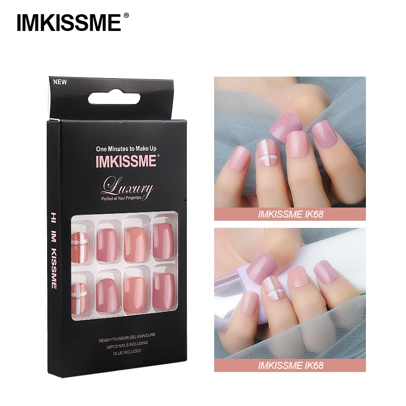 

IMKISSME Staggered Lines Fake Nails Art Tip Press on Nails with Glue Designs Full Artificial Cover IK68