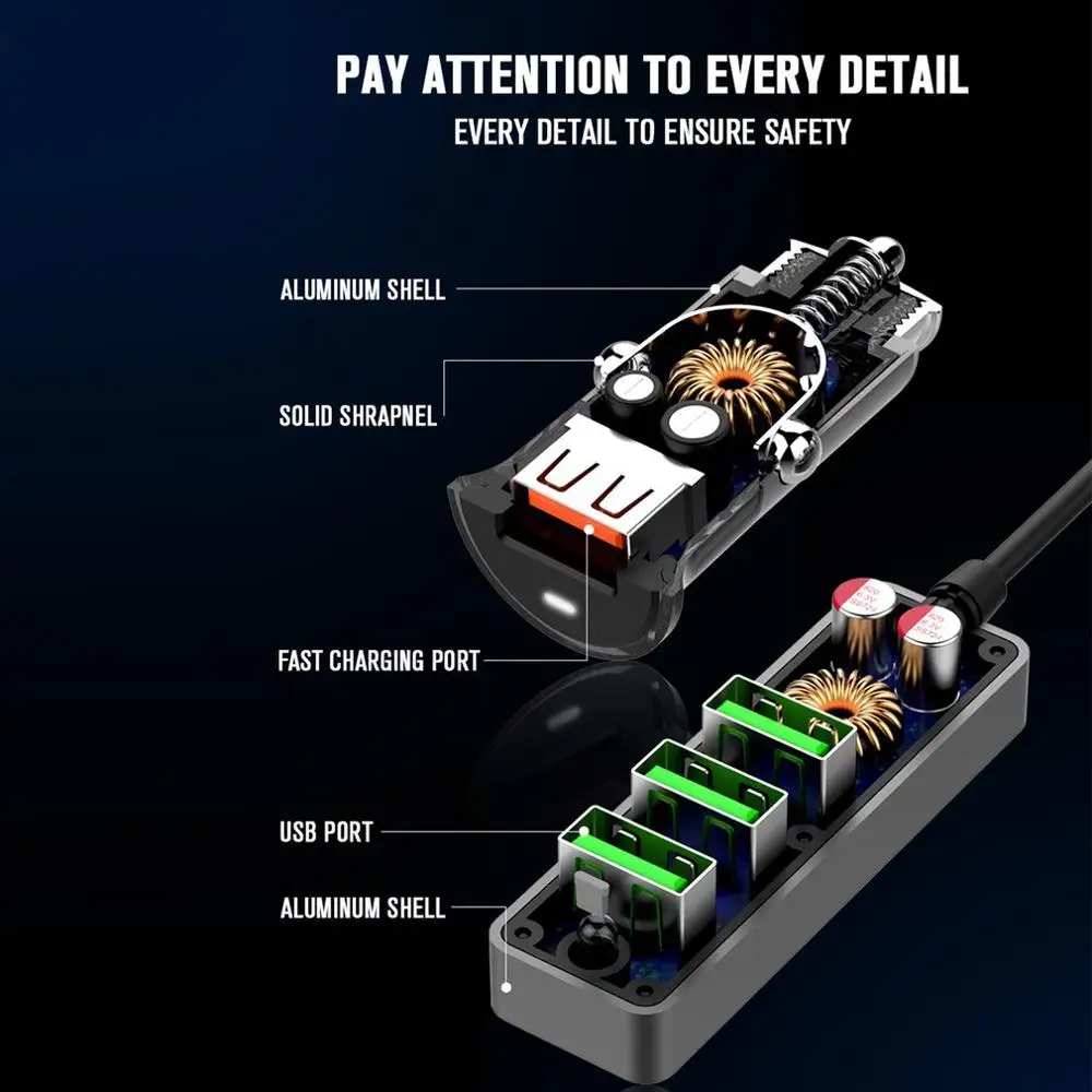 4 порта USB Автомобильное зарядное устройство QC3.0 быстрое зарядное устройство Универсальный USB быстрый адаптер с 120 см удлинитель Кабель для MPV автомобильный телефон C61