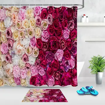 

Rose Flower Floral Print Valentine's Day Shower Curtain Bathroom Waterproof Fabric Bath Curtain Bathroom Set Home Decoration