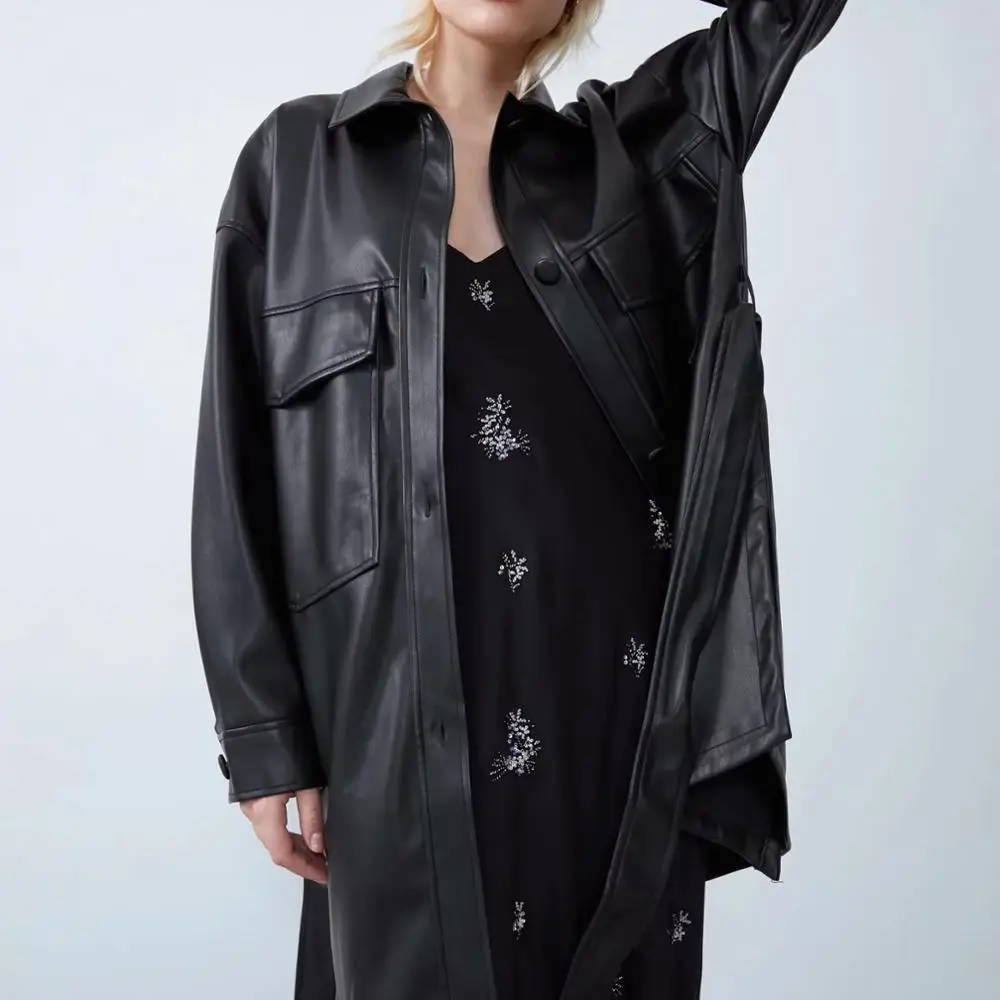 ZA осень зима Женская куртка коричневый черный искусственная кожа винтажная верхняя одежда с поясом шикарное Женское пальто женские топы Женская одежда