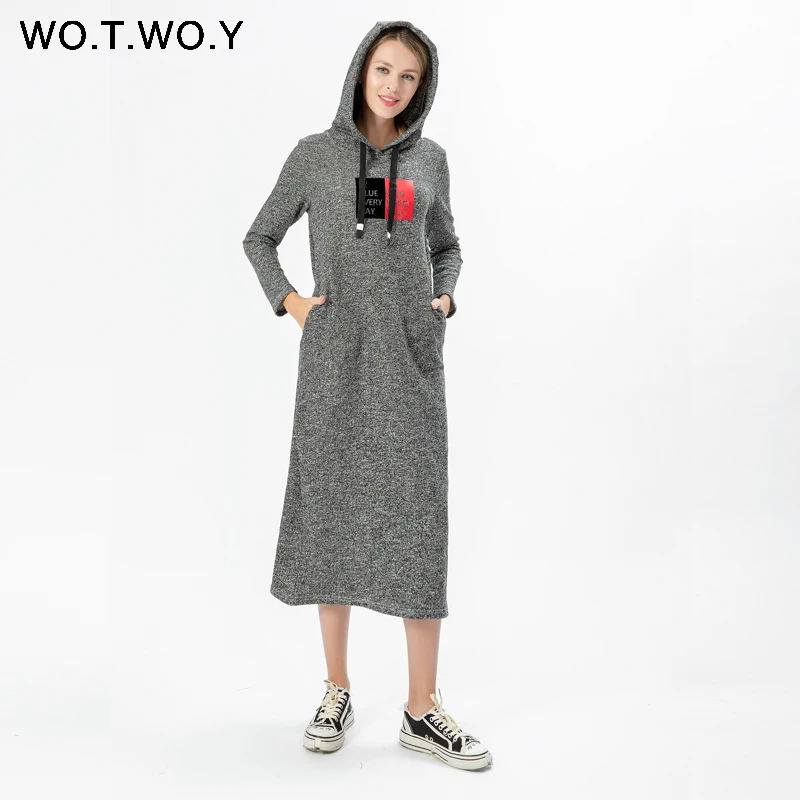 WOTWOY новое осенне-зимнее повседневное толстое платье с капюшоном до середины икры, прямое женское платье с карманами и тиснением, женская одежда с длинным рукавом
