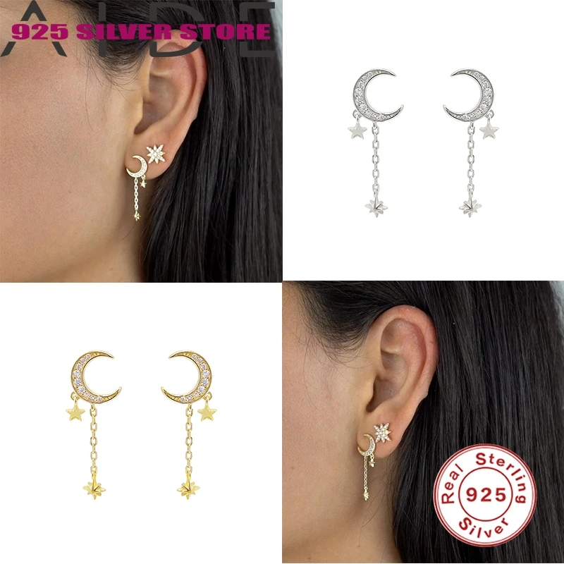 

Aide 925 Sterling Silver Light Moon Star Luxury Zircon Pendientes Piercing Earring Korean Fashion Jewelry Geometric Girl Gift