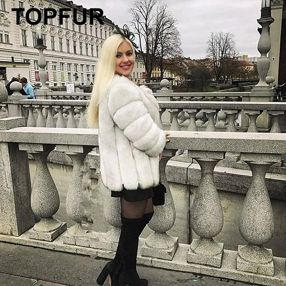 TOPFUR New Fashion Winter Silver Fox Fur Short Coats Real Fox Fur Coats For Women Standard Coat O-neck Half Sleeves Outwear