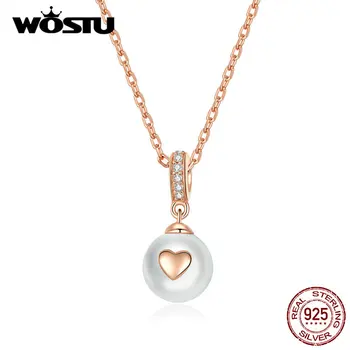 

WOSTU 100% 925 Sterling Silver White Pearl Heart Pendant Necklaces Rose Gold Chain Link For Women Wedding Luxury Jewelry BKN351