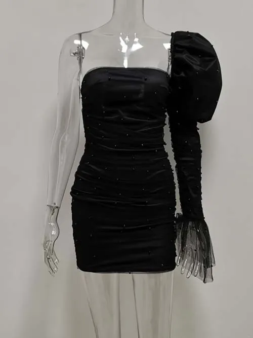 Black JillPeri для женщин Slash шеи одно плечо Ruched Мини платье Мода Жемчуг сетки с пышными рукавами наряд знаменитости короткое розовое вечернее платье - Цвет: Black