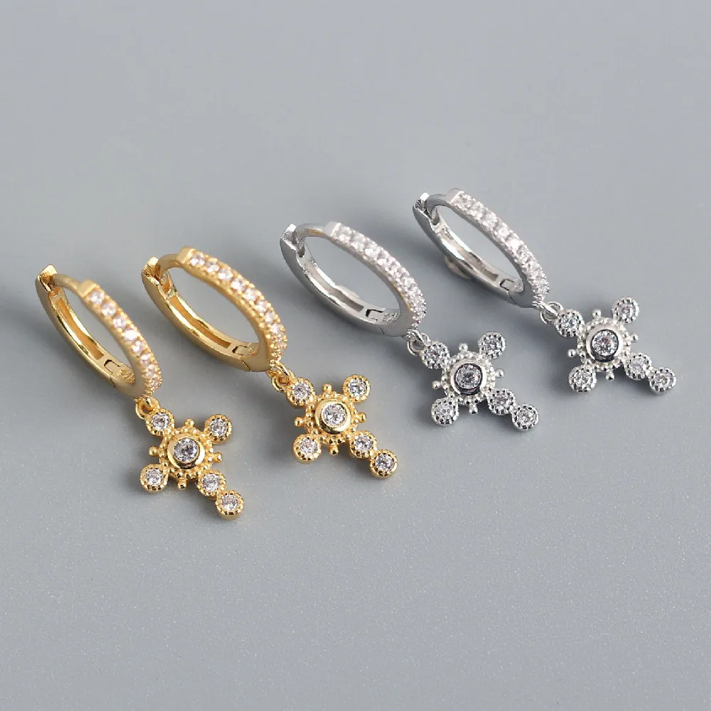 ANDYWEN 925 Sterling Silver Gold Crystal Zircon CZ Circle Drop Earring Cross Pendiente Piercing No Clips Women Luxury Jewelry