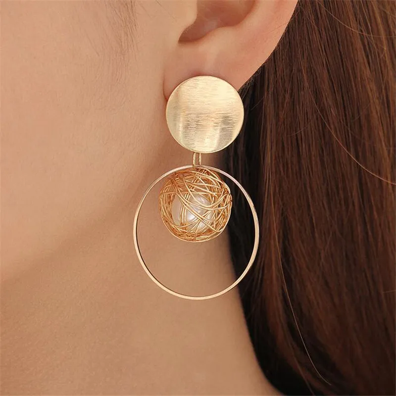 

new simple fashion hollow ball pearl stud earrings for women gold color personality geometric stud earrings punk jewelry gifts