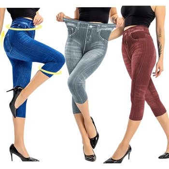 

3/4 Faux Jeans Leggings Frauen Hohe Taille Elastische Leggings Mode Casual Hosen Jegging Herbst Weibliche Solide Weiche Leggings