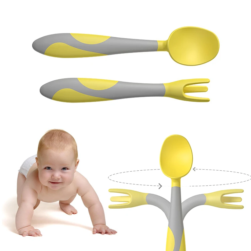 1 Set Of Mi Suta Training Spoon Fork Baby Tableware Set Silicone Soft Spoon Elbow Spoon With Storage Box Utensils Aliexpress