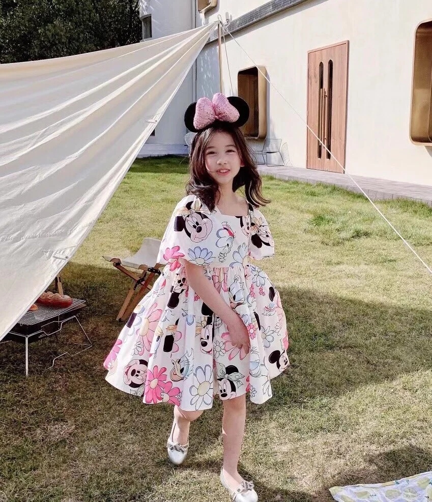 Summer Baby Girl Casual Dress Kids Toddler Mickey Mouse Daisy Cartoon Puff Sleeve Clothes Girls Backless Cute Princess Dresses