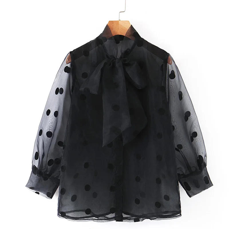 

Fandy Lokar Bow Blouses Women Fashion Dot Printed Shirts Women Elegant Perspective Organza Half Sleeve Tops Female Ladies IZ