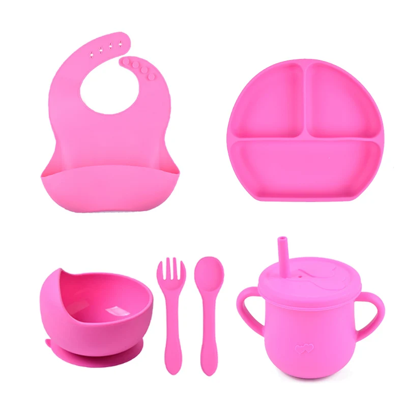 6PCS/Set Baby Silicone Tableware Cup  Bowl Plate/Tray Bibs Spoon Fork Sets Children Non-slip Feeding BPA Free Dinnerware Dinner