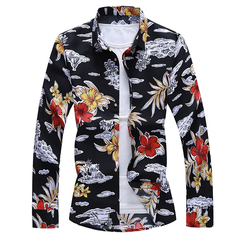 Мужская брендовая приталенная гавайская рубашка с цветочным принтом, Chemise Homme, мужские повседневные рубашки с длинным рукавом, мужские рубашки размера плюс 6XL