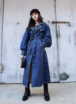 

2020 Autumn Winter New Trendy Design Turn Down Collar Single Breasted Washing Denim Long Windbreaker Lace Up Loose Wome Trench