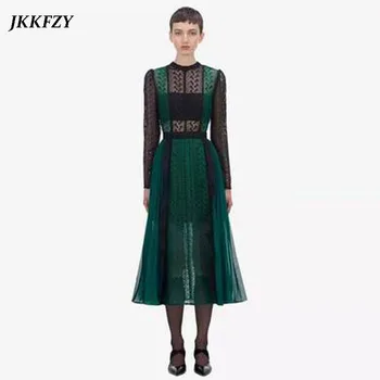 

self portrait 2019 Autumn Green Elastic Waist Pleated Lace Dresses Women Long Sleeve Hollow Out See Through Patchwork Long Dress