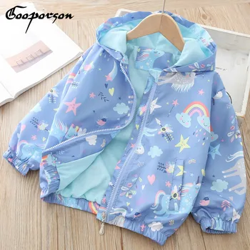 

Kids Girls Long Sleeve Windbreaker Unicorn Jacket Cartoon Hooded Blue Color Jackets Fahion Outerwear for 2-7years Old