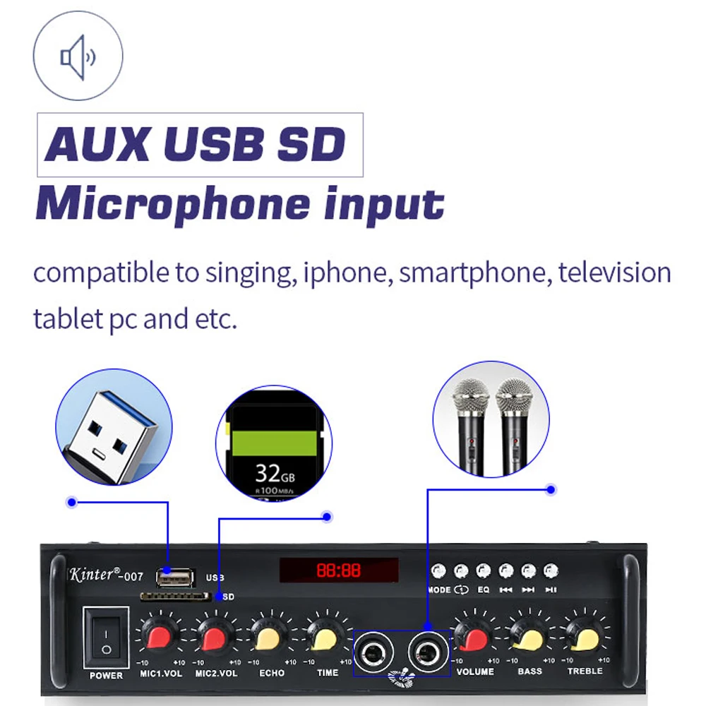 Мини стерео аудио усилитель мощности цифровой аудио приемник USB SD слот FM радио микрофон с пультом дистанционного управления bluetooth усилитель