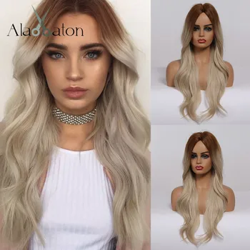 

ALAN EATON Long Ombre Brown Blonde Wavy Wig Natural Middle Part Synthetic Hair Wigs for Women Cosplay Heat Resistant Party Wigs