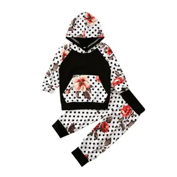 

Toddler Kids Baby Boy Girl Clothes Set Suit Spring Winter Long Sleeve Dot Floral Hooded Tops Pants Outfit Cute Clothing 2PCs