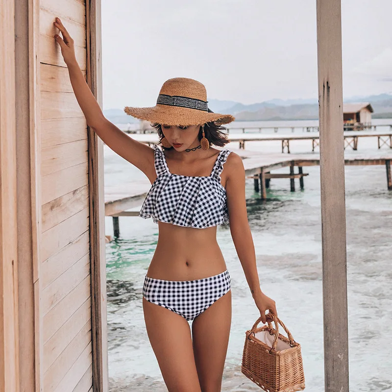 

Swimwear Women Swimsuit Fused Suit For Surfing Woman Big Size Lady's 2020 New Black Plaid Ruffle Cute One Piece Bikini Polyester