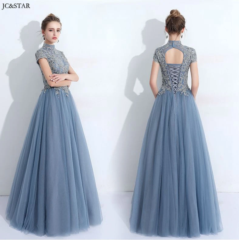 Vestidos de festa longo para senhoras casamento Новое кружевное платье трапециевидной формы с коротким рукавом и высокой горловиной сзади, цвет: пыльно-синий, robe mariage femme