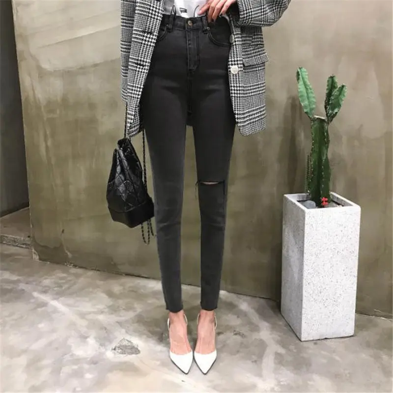 

HziriP Stylish Black Grey Plus Denim Jeans Pockets Elastic Skinny Female 2019 New Basic Slender Women Jeans High Waist Trouse