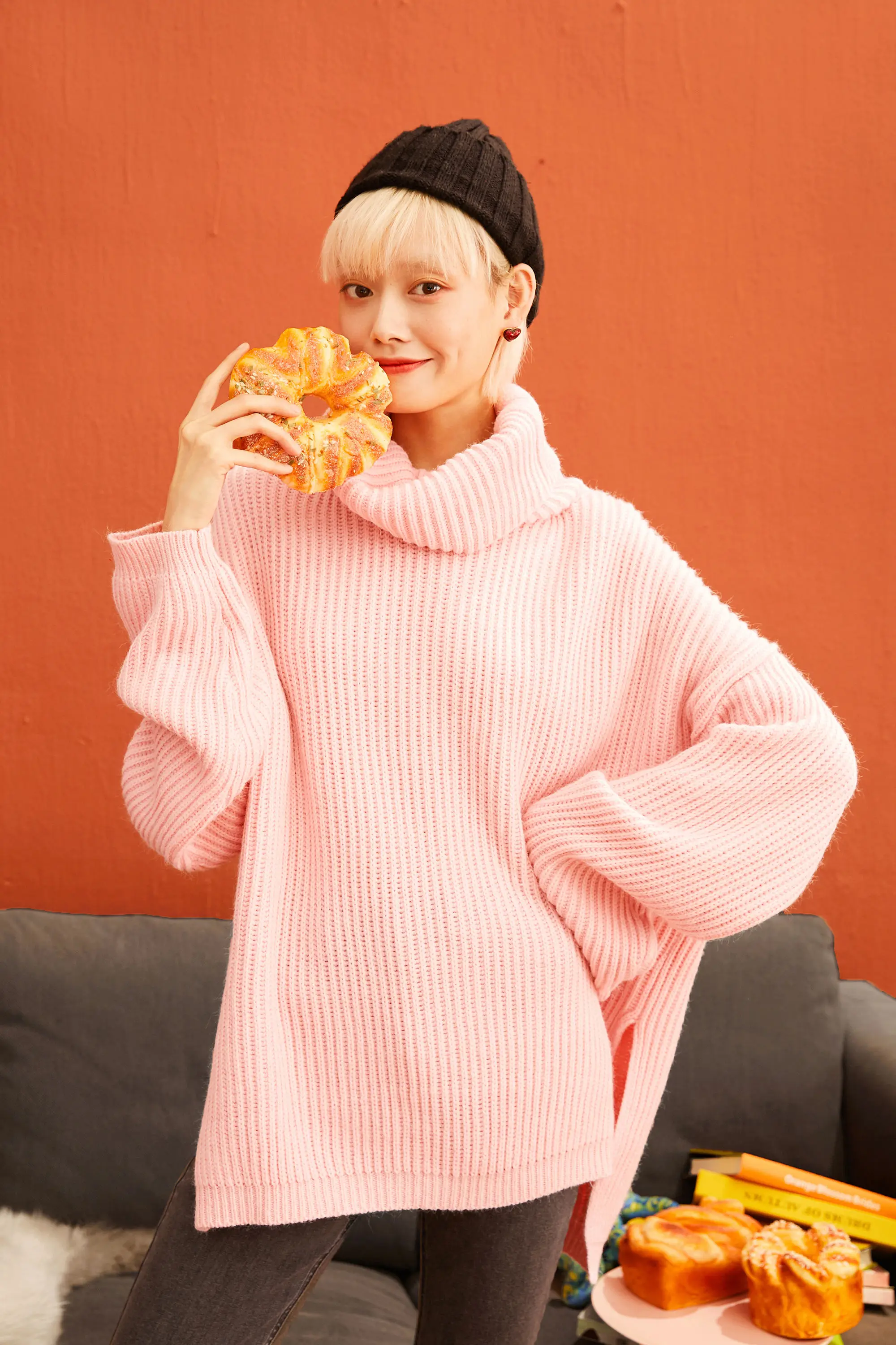 SAM'S TREE Pink Solid Minimalist Style Pullover Sweater Women Winter Drop Shoulder Sleeve Knitted Office Ladies Sweaters