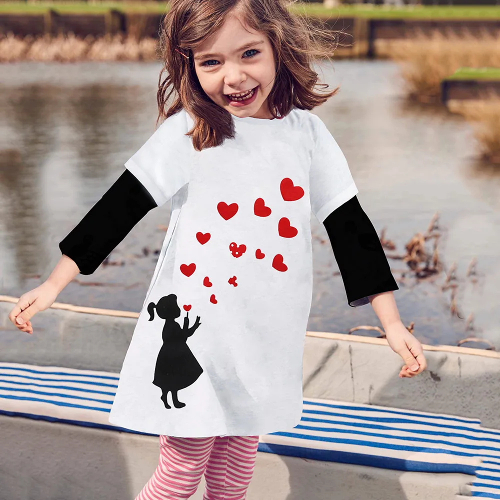 Платье для маленьких девочек с длинными рукавами Roupa infantil Menina принтом любовь