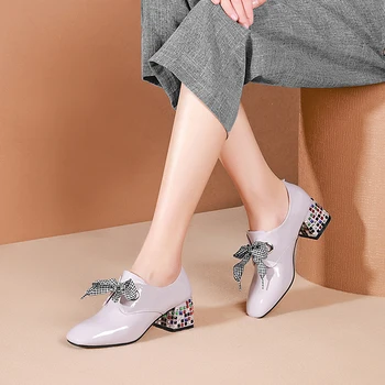 

Crystal high heels shoes woman pumps genuine leather lace up ladies dress shoes spring autumn elegant party wedding sheos