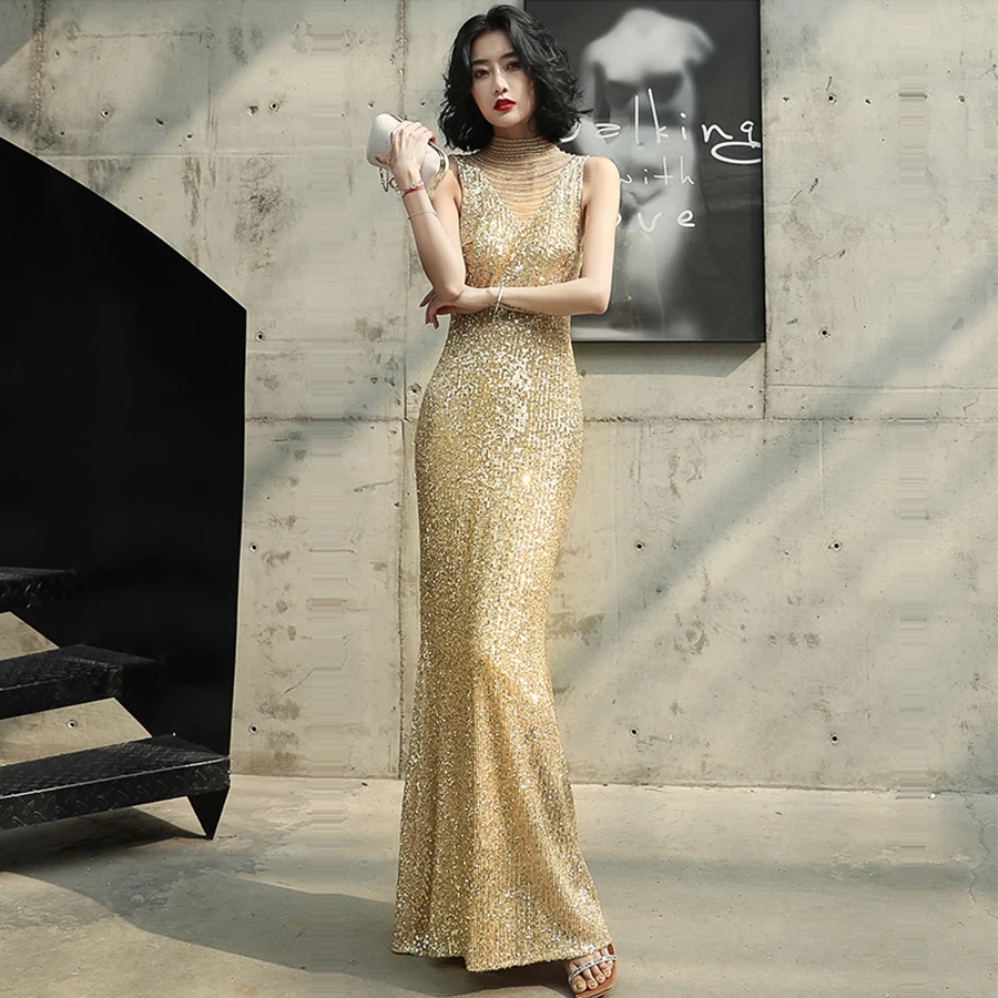 Это Yiiya вечернее платье длинное Русалка Золотые блестки Robe De Soiree без рукавов Формальные платья Длинные K013 вечерние платья