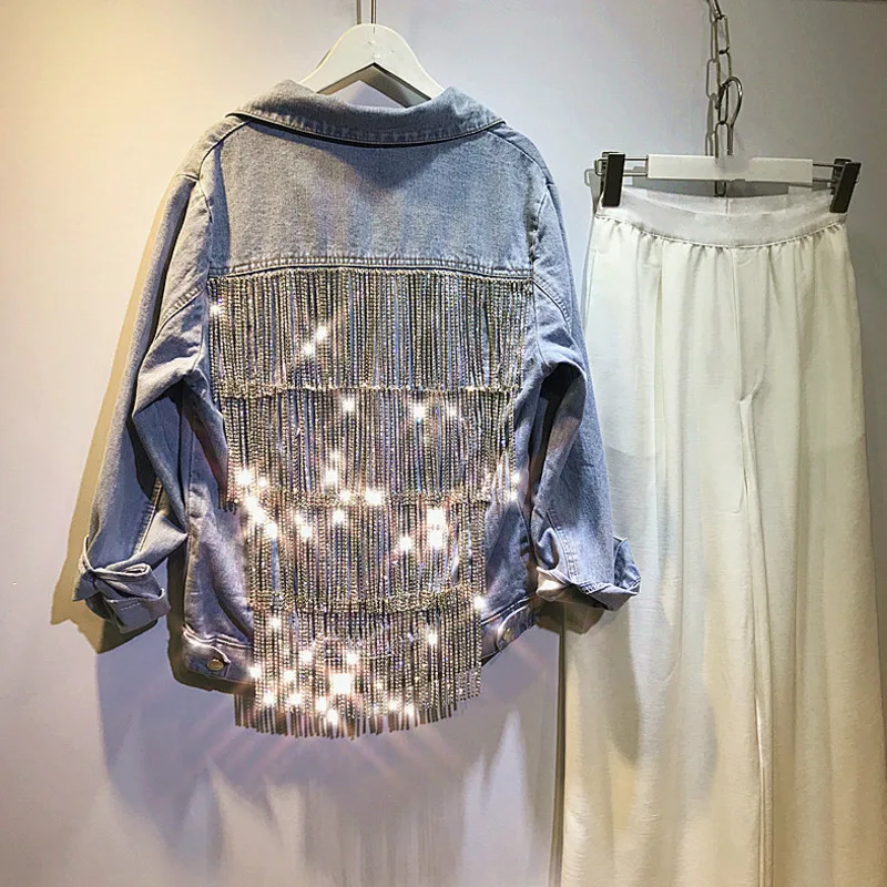 

[DEAT] 2019 Autumn Fashion Trend New Pattern Street Full Sleeve Tassel Shining Patchwork Light Color Women's Denim Jacket AI775