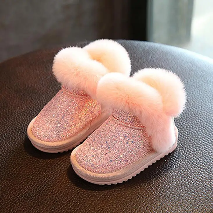 

2019 Children's snow boots girls rabbit fur boots baby cotton shoes sequins genuine leather boots