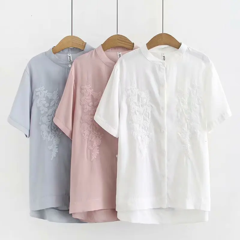 

Plus Size vrouwen Korte Mouw Blouse Rooster Knop Casual Tops Wit Blauw Blusas