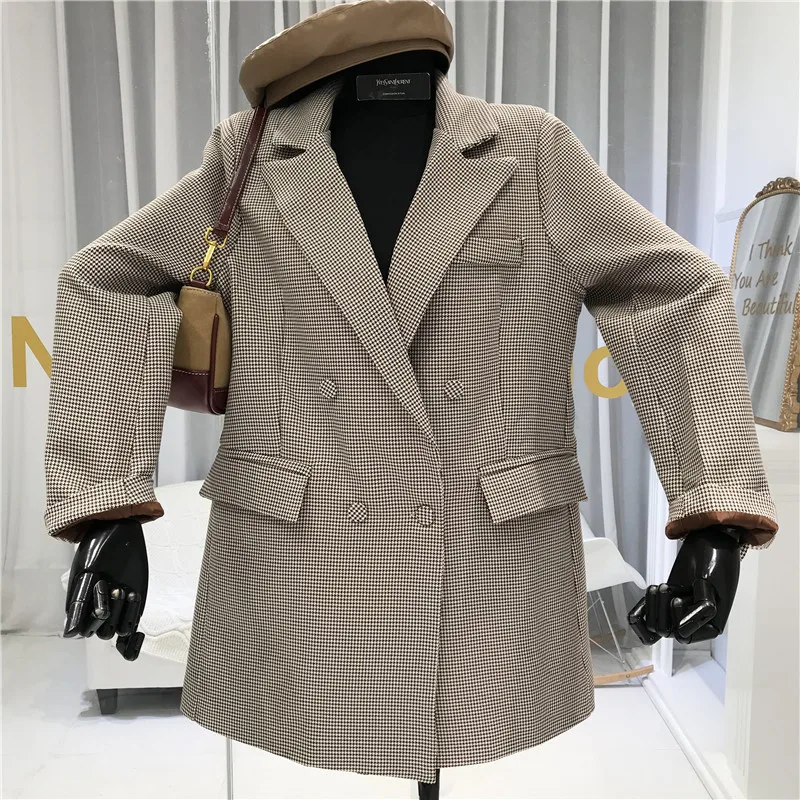 

2020 New Spring Plaid Tailored Coat Pockets Turn-down Collar Vintage Coat Spring and Autumn Female Demi-season