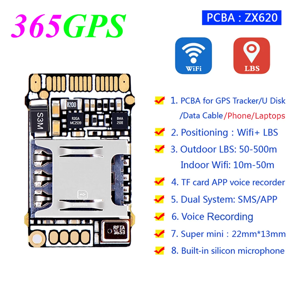 Мир самый маленький 365GPS мини задняя фара с насечкой ZX620 GSM wifi lbs микро отслеживание PCBA доска для ноутбука ПК смартфон отслеживание