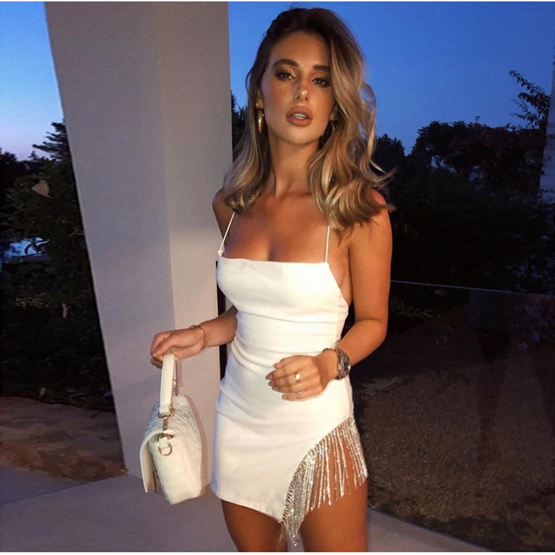 Goede Newasia 2 Lagen Diamond Party Jurk Vrouwen 2020 Zomer Backless Kwastje Zoom Valentine Sexy Club Jurk Elegante Witte Jurk Mini