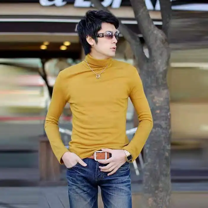 yellow nuevo otouno e Invierno de los hombres suéter de los hombres de cuello alto color sólido suéter casual Slim de los ho - Цвет: yellow