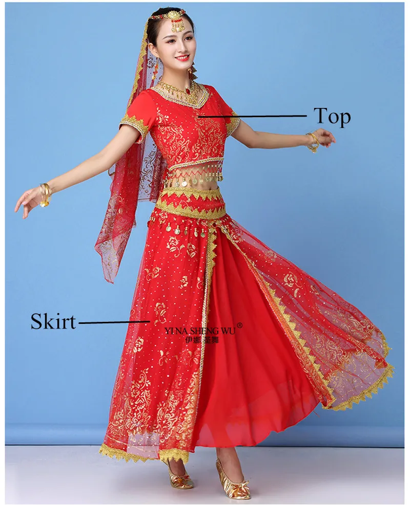 Для женщин индийский танец живота костюмы 8 шт./компл. танец сари наряд Болливуд», для выступлений на сцене; шифоновый топ цепочка на талии юбка живота - Цвет: Red 2pcs
