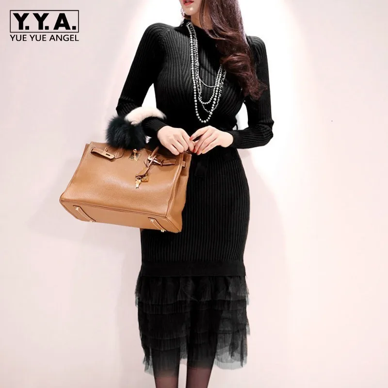 Best Price New Elegant Mesh Spliced Women Sweater Dress Long Sleeve Slim Belt Knitted Soft Ladies Wrap Party Dresses Black Brown Clothes