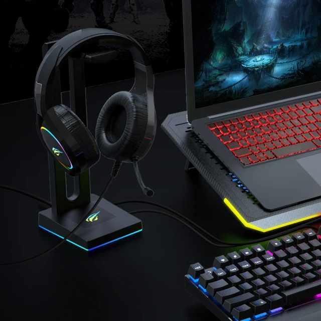 HAVIT Support Casque, RGB Porte Casque avec Hub USB 2 Ports Support Casque  Gamer avec Son Ambiophonique 7.1 Rétroéclairé - Noir