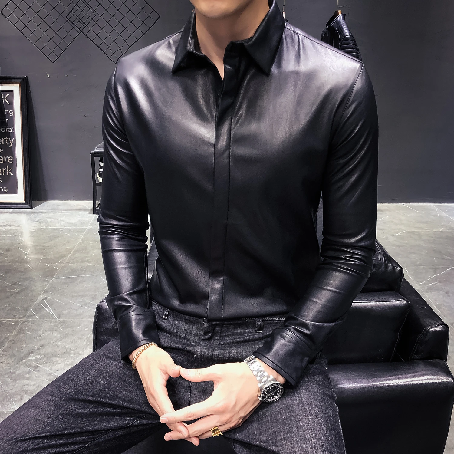 Кожаные Рубашки мужские черные рубашки Slim Fit Ночной клуб наряды сексуальная кожаная мужская корейская модная одежда мужские западные рубашки