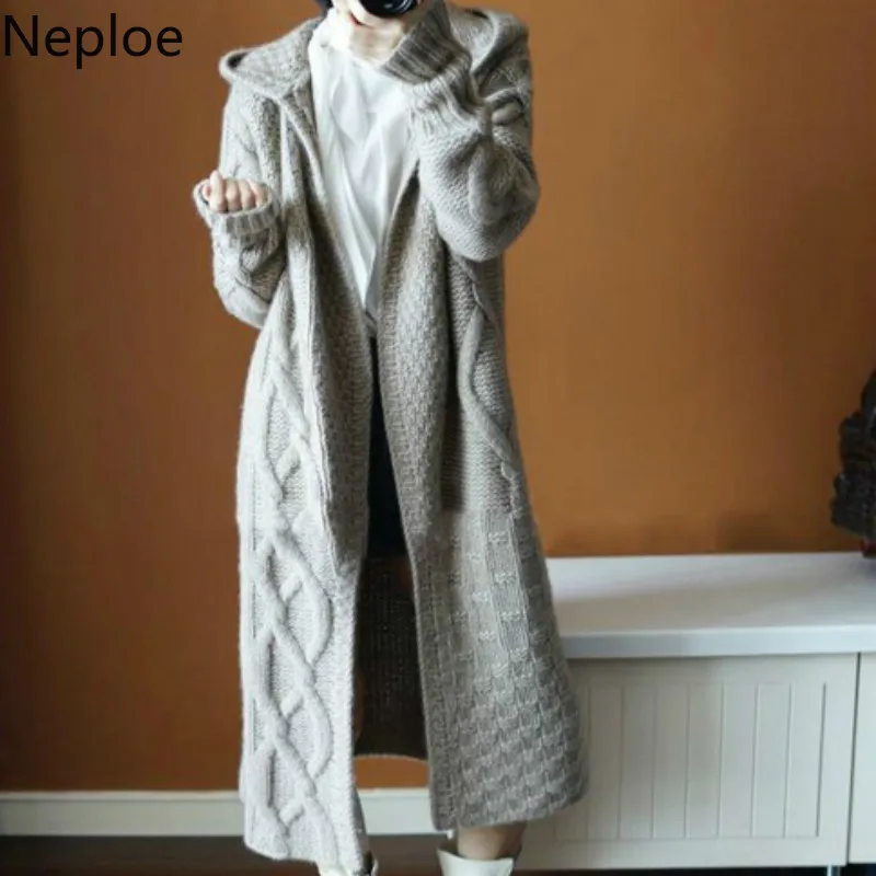 Женский плотный вязаный кардиган с капюшоном Neploe осенне-зимний длинными