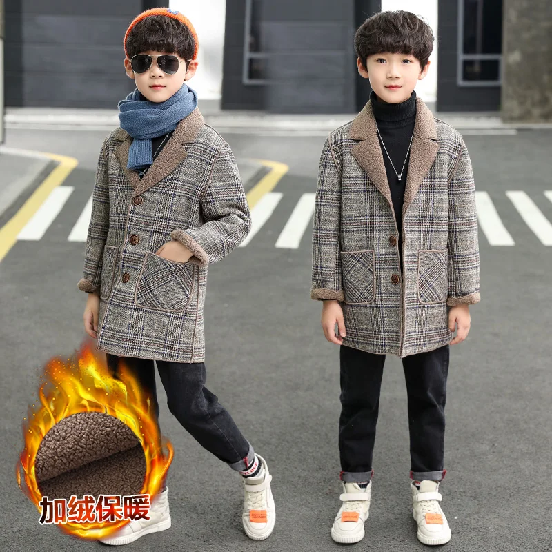 Boys Woolen Coat New Fall Winter Clothes Children Fleece-lined Woolen Jacket Teenager Kids Casual Plaid Velvet Outerwear