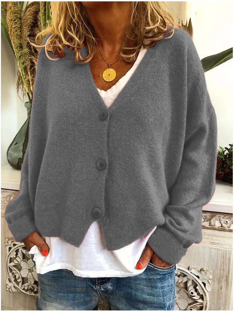 Женский кардиган, свитер с v-образным вырезом, однотонный, свободный, вязаный, однобортный, Повседневный, вязаный кардиган, верхняя одежда, зимняя куртка, пальто, LDM191116