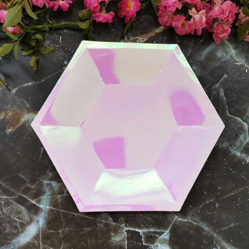 

8" Pink Iridescent Hexagon Paper Plate Cup Rainbow For Wedding Princess Baby Shower Baptism Mermaid Party Supplies